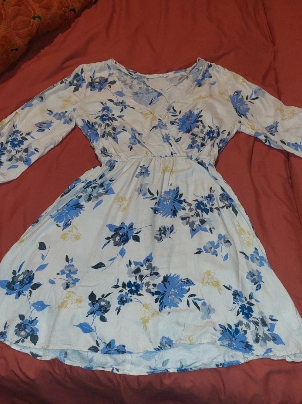 Lush Blue and White Floral Wrap-Front Long Sleeve Dress